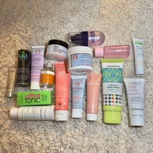 Variety travel sizes of skincare.